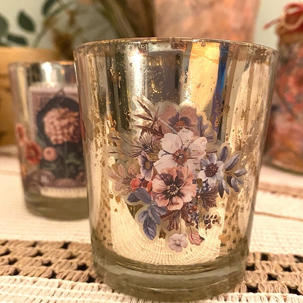 Floral Embellished Mercury Glass  Tea Light Candle Holders 2x2